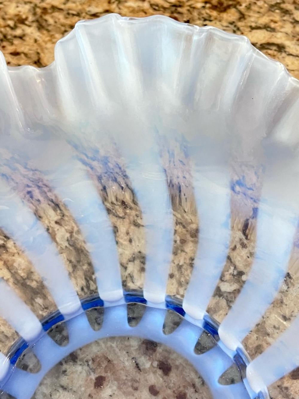 Vintage Fenton Provincial Blue Rib Optic Opalescent Bride’s Bowl Double Ruffle - Picture 4 of 11